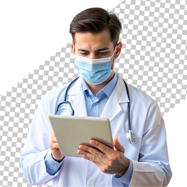 PSD médico de sexo masculino con la tableta