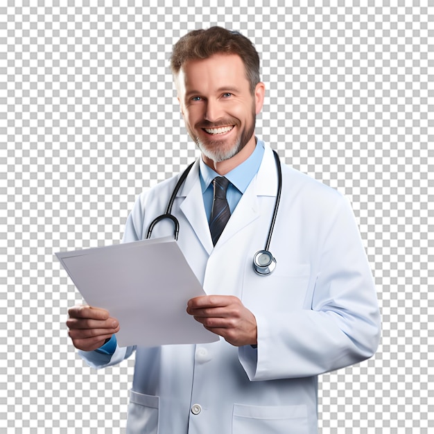 Médico sonriente aislado en un fondo transparente