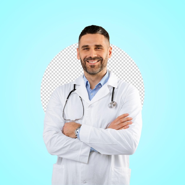 Médico sonriente con estetoscopio y brazos cruzados