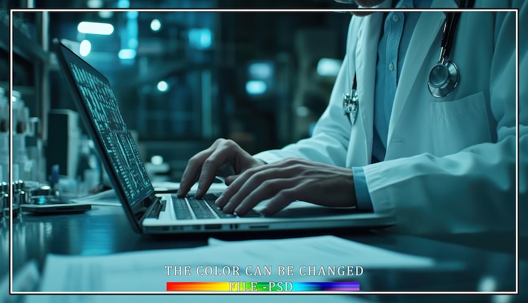 PSD un médico trabajando tarde en la noche en una computadora portátil analizando datos o investigando un nuevo tratamiento