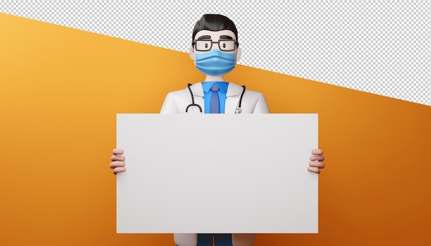Médico usando máscara com renderização 3D de tela em branco