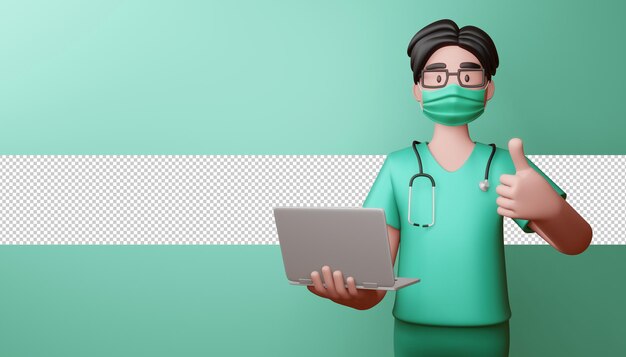 Médico usando máscara de polegar para cima com renderização 3d