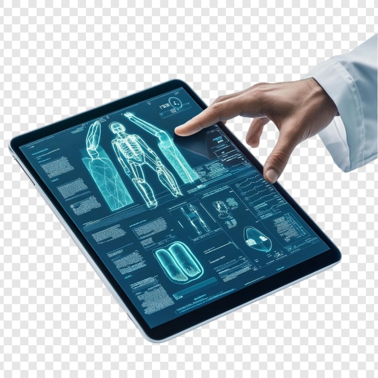 PSD médico usando tablet mostrando varreduras digitais de raios-x do corpo humano