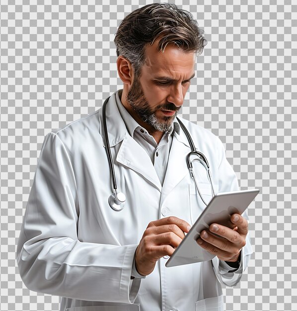 Médico usando una tableta en un fondo transparente aislado