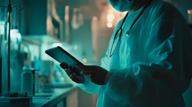Médico usando una tableta en un laboratorio con poca luz