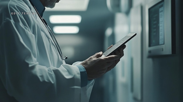Médico usando una tableta en el pasillo del hospital