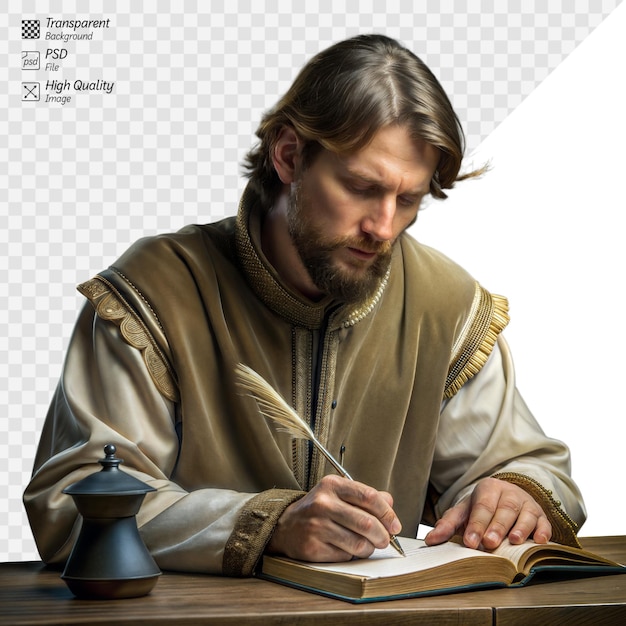 PSD medieval scholar writing in a book with a quill pen