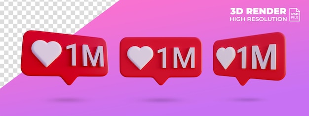 Medios de comunicación social 1 millón como icono de amor notificación 3d render aislado