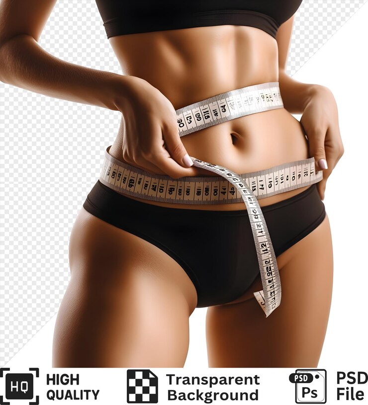 PSD medir la cintura con una cinta métrica para objetivos de fitness aislados en un fondo transparente