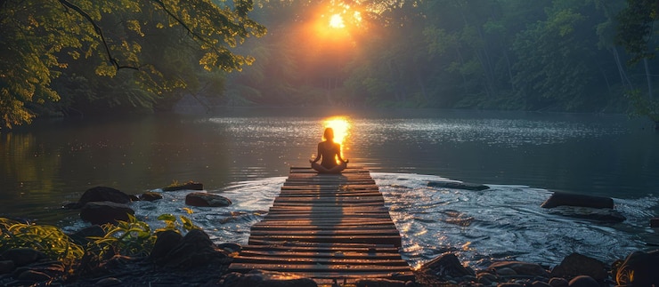 PSD méditation paisible au coucher du soleil au bord du lac
