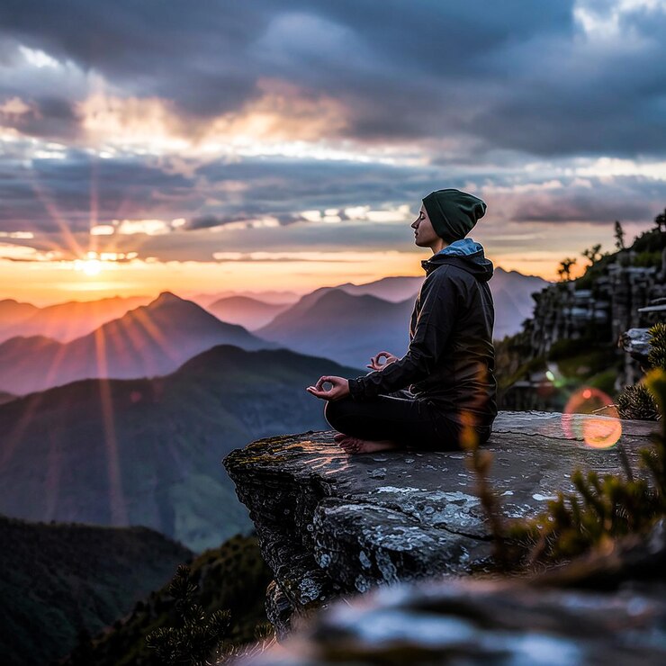 Méditer au milieu de la vue imprenable sur les montagnes au coucher du soleil