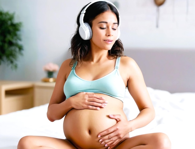 PSD medium shot pregnant woman spending time indoors