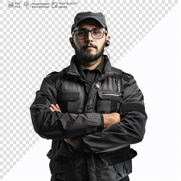 PSD medium shot security officer posing on transparent background