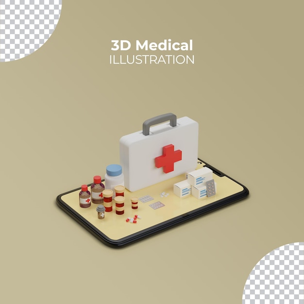 Medizinische Ausrüstung auf dem Smartphone mit 3D-Darstellung des Mediziners
