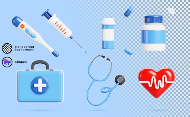 Medizinische Ausrüstung Cartoon 3D-Rendering-Icon-Set Arztbeutel mit Erste-Hilfe-Medizin Stethoskop Thermometer Spritze Pillenflasche Herz mit Pulslinie Notfallmedizin-Konzept