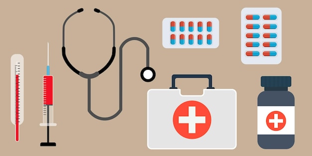 Medizinische Ausrüstung und Vorräte Set Flachvektor-Illustration