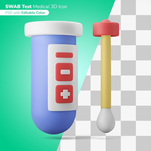 PSD medizinischer tupfer reagenzglas virus check 3d-darstellung 3d-symbol editierbare farbe isoliert