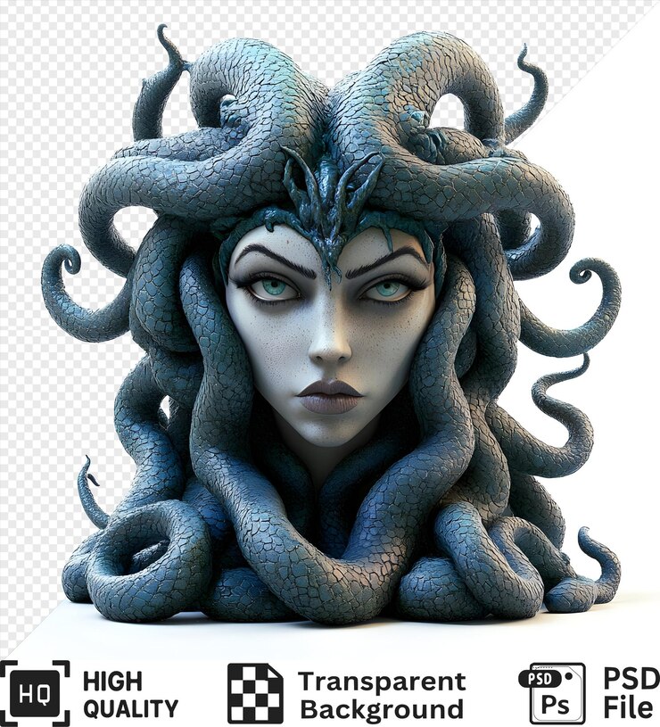 PSD medusa con i capelli di serpente blu isolata su uno sfondo trasparente