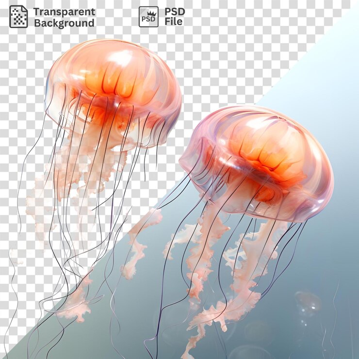 PSD medusa transparente nadando en el agua acompañada de una flor blanca y rosada
