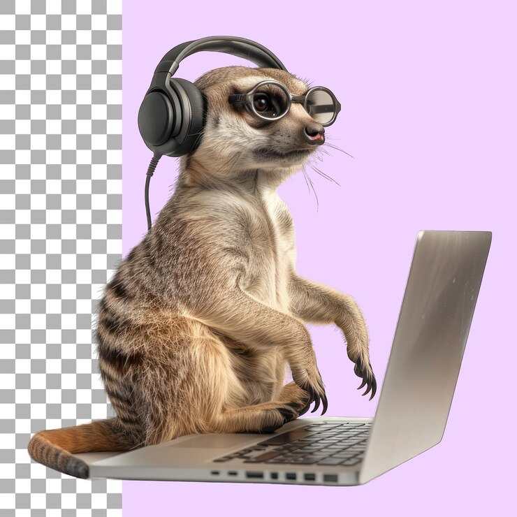 PSD meerkat con auriculares usando el fondo transparente de la computadora portátil