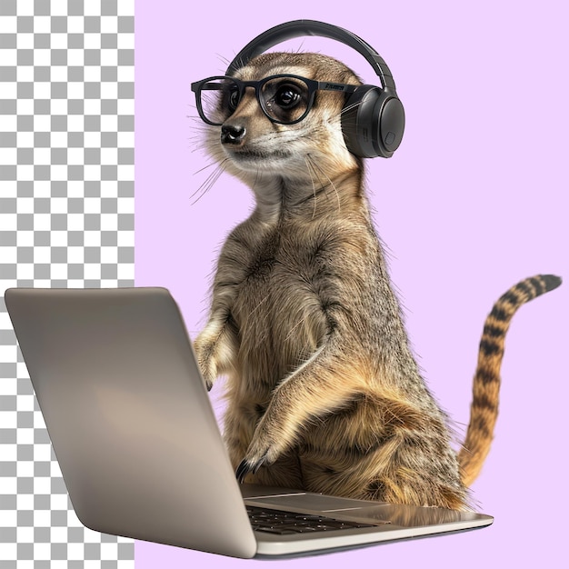 Meerkat mit Kopfhörern mit Laptop durchsichtigem Hintergrund PNG Ausschnitt Datei Ausschnitt Pfad kein Hintergrund