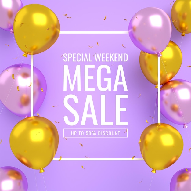 Mega flash o banner di vendita grande per instagram di social media e modello di post del sito Web con palloncini 3d