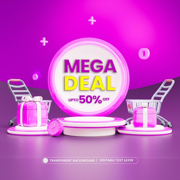 Mega oferta 50 de descuento en el banner 3d de la etapa del producto con texto editable