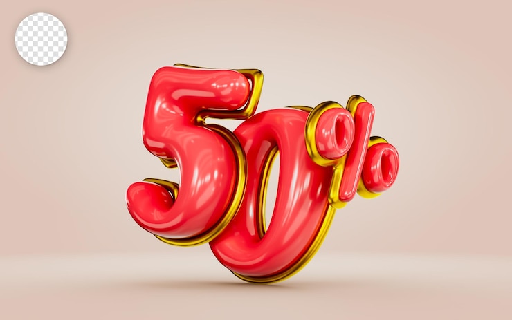 PSD mega oferta de compras 50 por ciento de descuento número de color rojo con concepto de renderizado 3d dorado para ventas