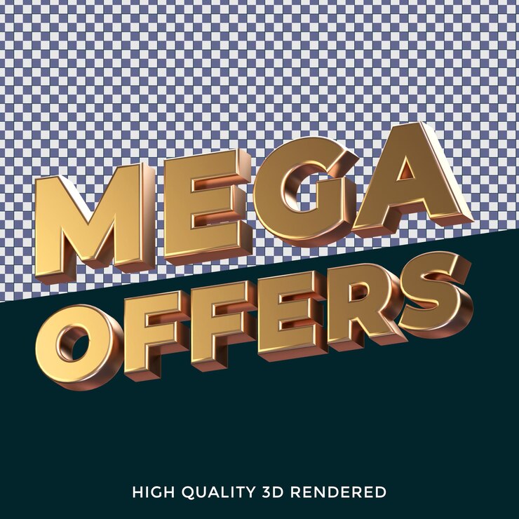 PSD mega offers 3d rendered isolated text style with realistic golden metallic texture