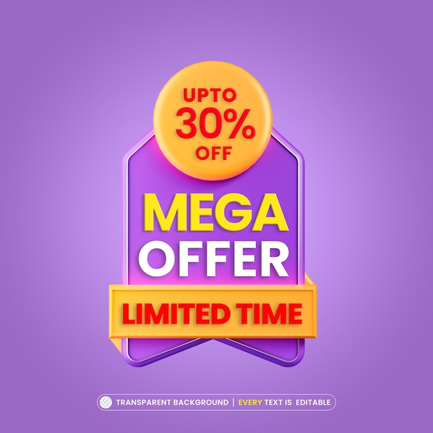 Mega offerta 30 di sconto sullo sfondo del banner con effetto testo modificabile