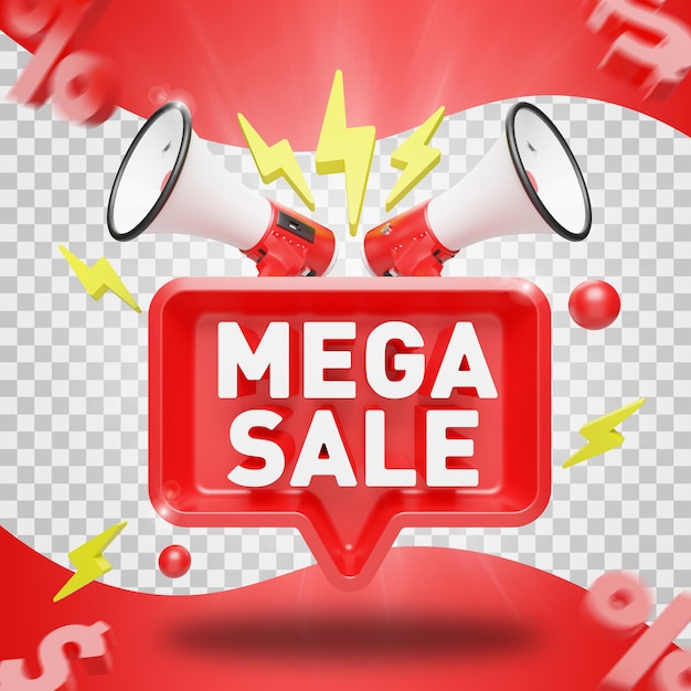 Mega offerta con rendering 3d del creatore di scene del megafono isolato