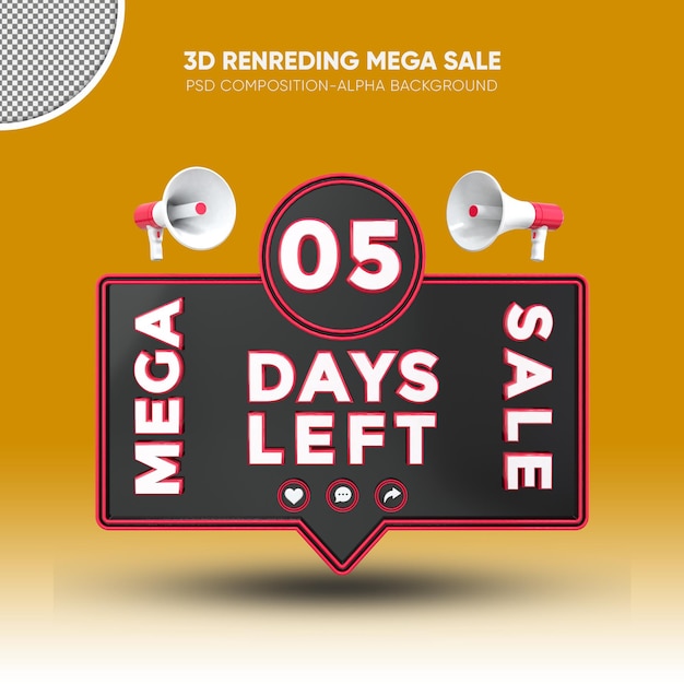 PSD mega sale design de rendu 3d noir et rouge sur 05 jours restants