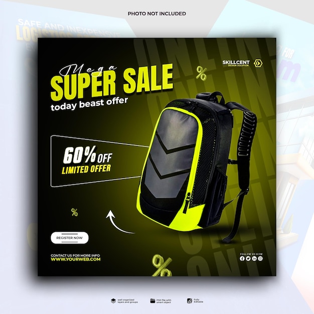 Mega Sale Oggi Offerta speciale di sconto su zaini Post design di marketing sui social media