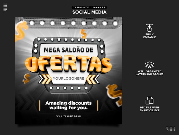 PSD mega venda de ofertas de modelos de mídia social para promoção de produtos