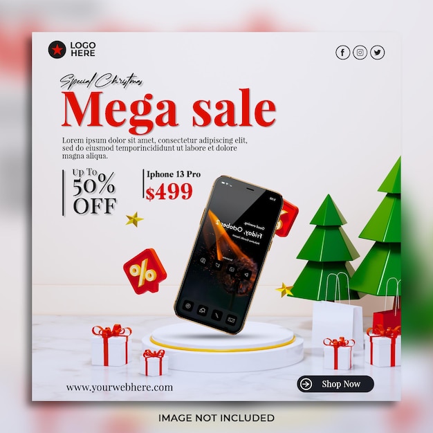 Mega venda especial de natal com pódio 3d para plano de fundo do produto modelo de banner do instagram