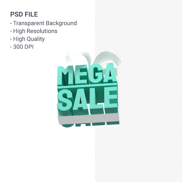 Mega vendita rendering 3d design per promozione vendita con fiocco e nastro isolato