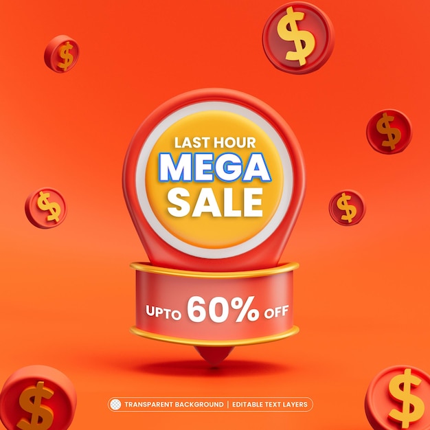 Mega venta 60 por ciento de descuento en banner 3d con texto editable para promoción