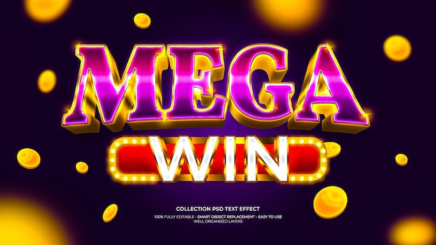 mega win 3d custom text effect with golden light color