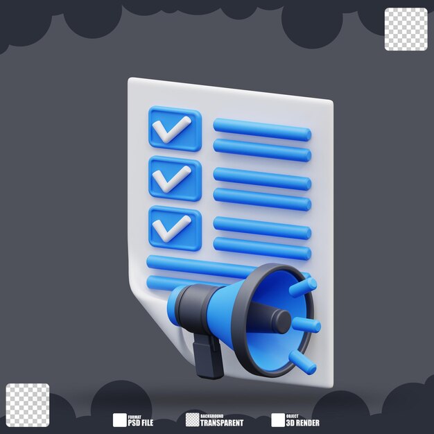 Megafón de ilustración 3D y lista de documentos de promoción