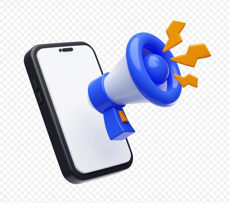 PSD megafone loudhailer com alerta de telefone móvel conceito de marketing de negócios ilustração 3d de fundo
