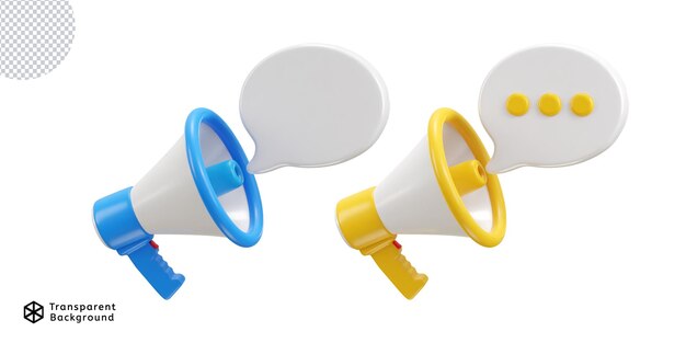 Megáfono 3D con conjunto de iconos de burbujas de chat