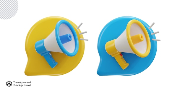 Megáfono 3D con conjunto de iconos de burbujas de chat