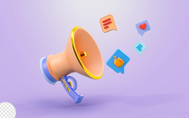 megaphon mit emoji-zeichen 3d-renderkonzept für social-media-marketing-werbe-feedback