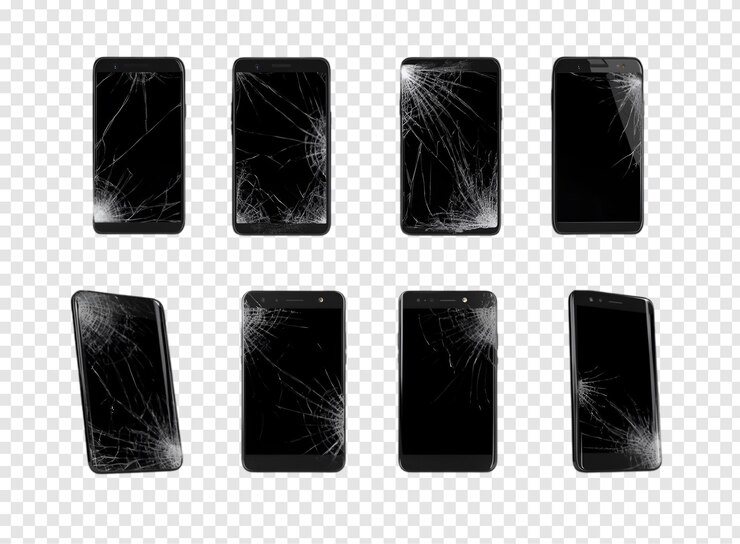 PSD mehrere gebrochene smartphones auf einem transparenten hintergrund isoliert