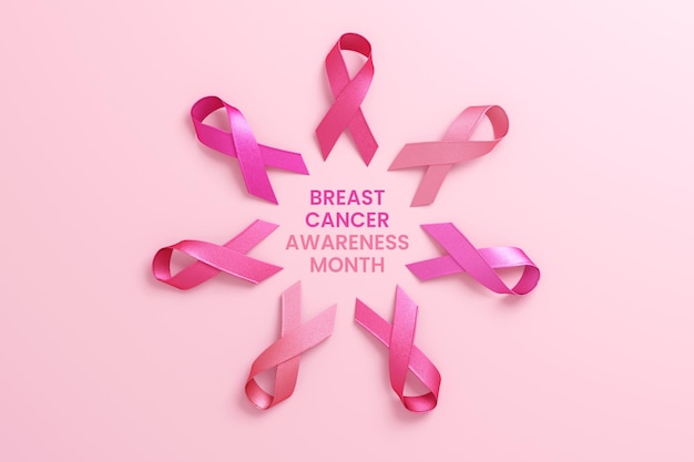 Mehrere rosa Bänder bilden eine Blume mit Text für den Brustkrebs-Aufklärungsmonat