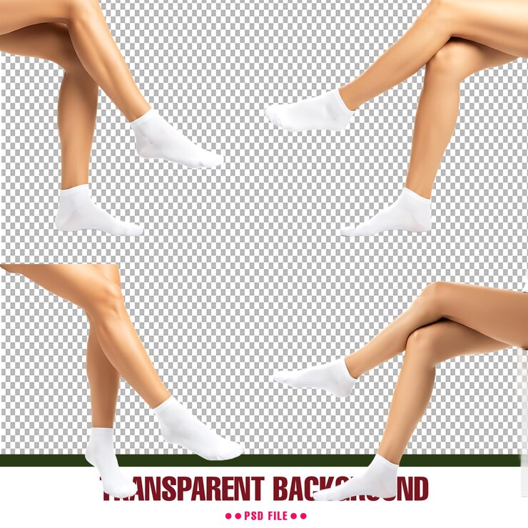 PSD meias brancas nos pés em diferentes poses com fundo transparente