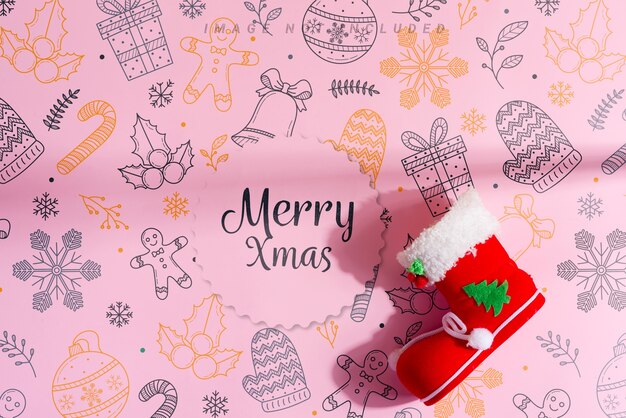 PSD meias de natal vermelhas com decoração festiva, mensagem de feliz natal