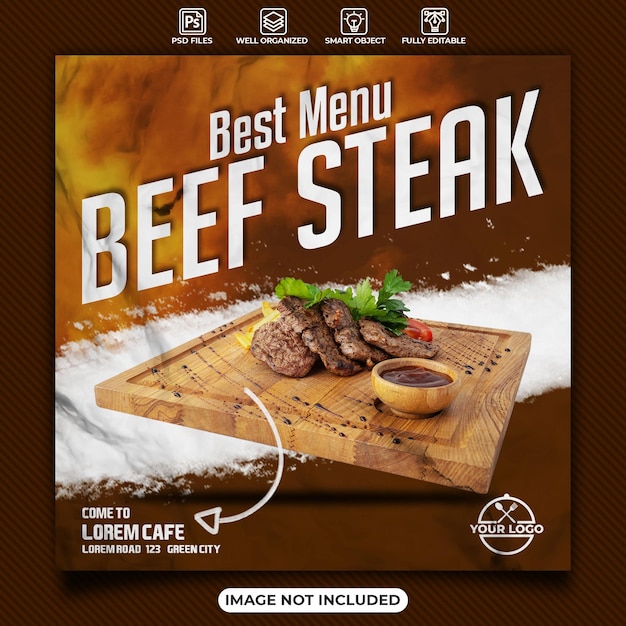 Meilleur modèle d'affiche de médias sociaux de steak de boeuf de menu