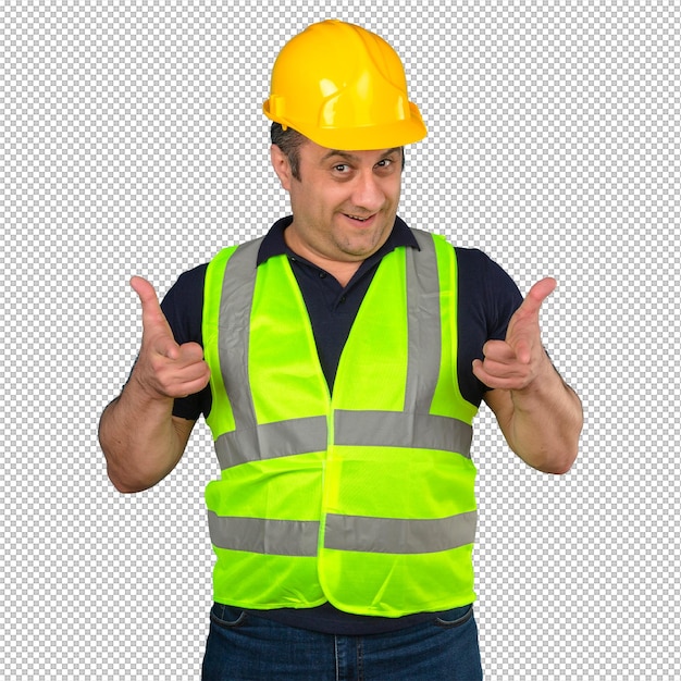Meio envelhecido homem vestindo construção colete amarelo e capacete de segurança e apontando com o dedo indicador sorrindo sobre parede azul isolada