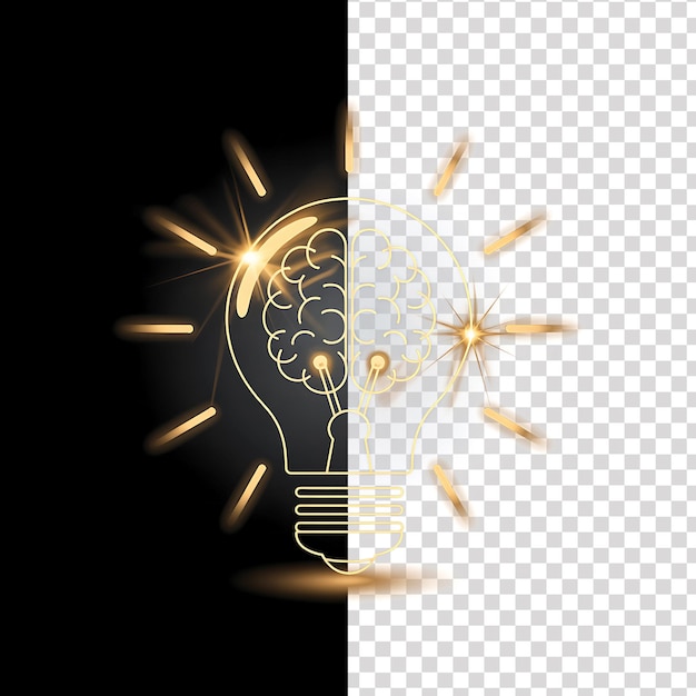 Meio preto meio transparente cérebro lâmpada de luz brilho inovação criatividade conceito de arte PNG